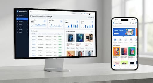 Birsav e-ticaret sistemi — web mağaza, mobil uygulama ve yönetim paneli arayüzleri