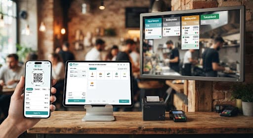 QR menü, mutfak ekranı ve kasa paneli arayüz kompozisyonu